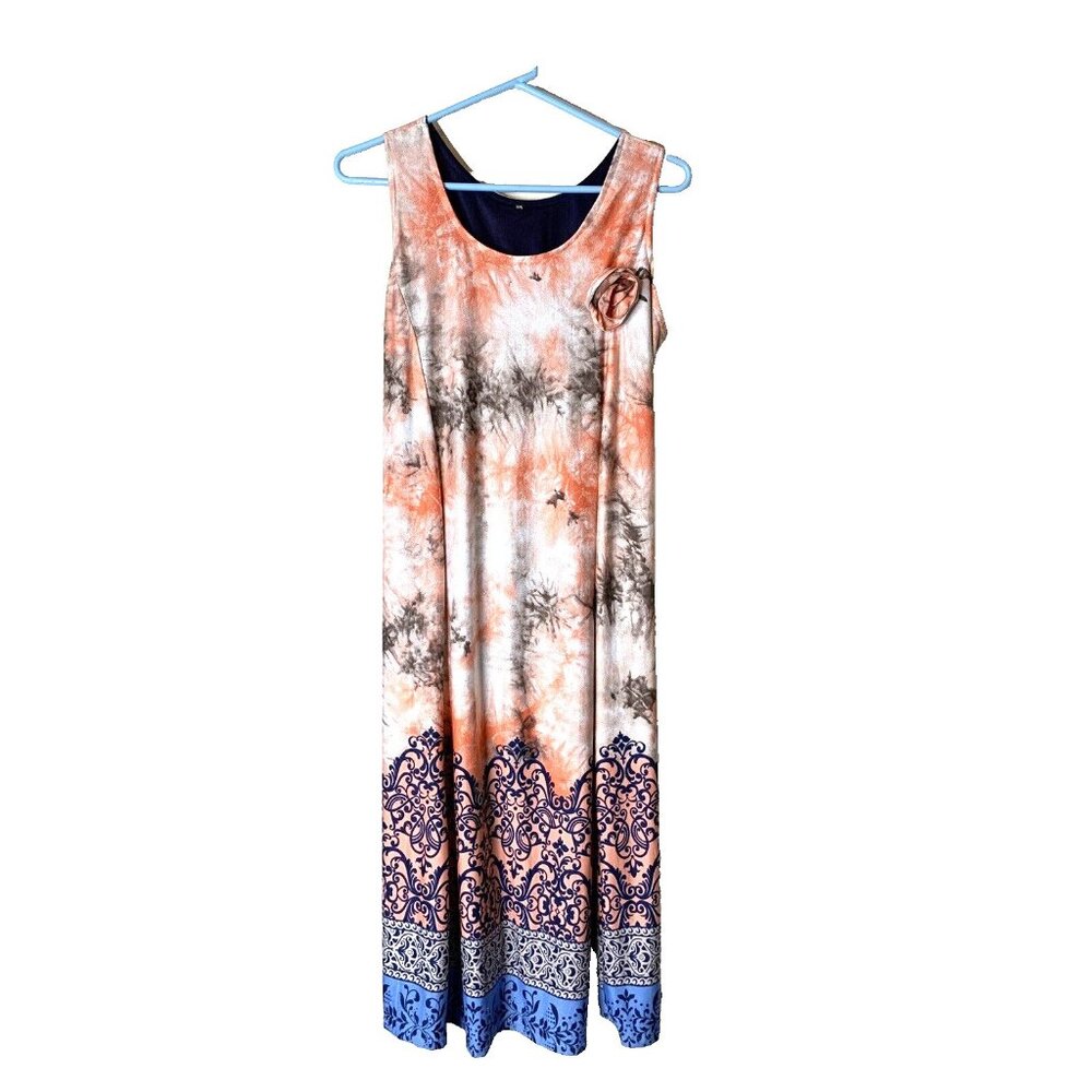 Long Flowy Midi/Maxi Dress Peach/Gray/Navy Multi Print Soft to Touch Size 2XL